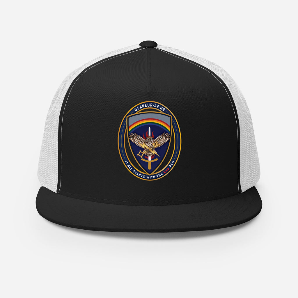USAREUR-AF G2 Snap-back Trucker Cap in Black/White, front