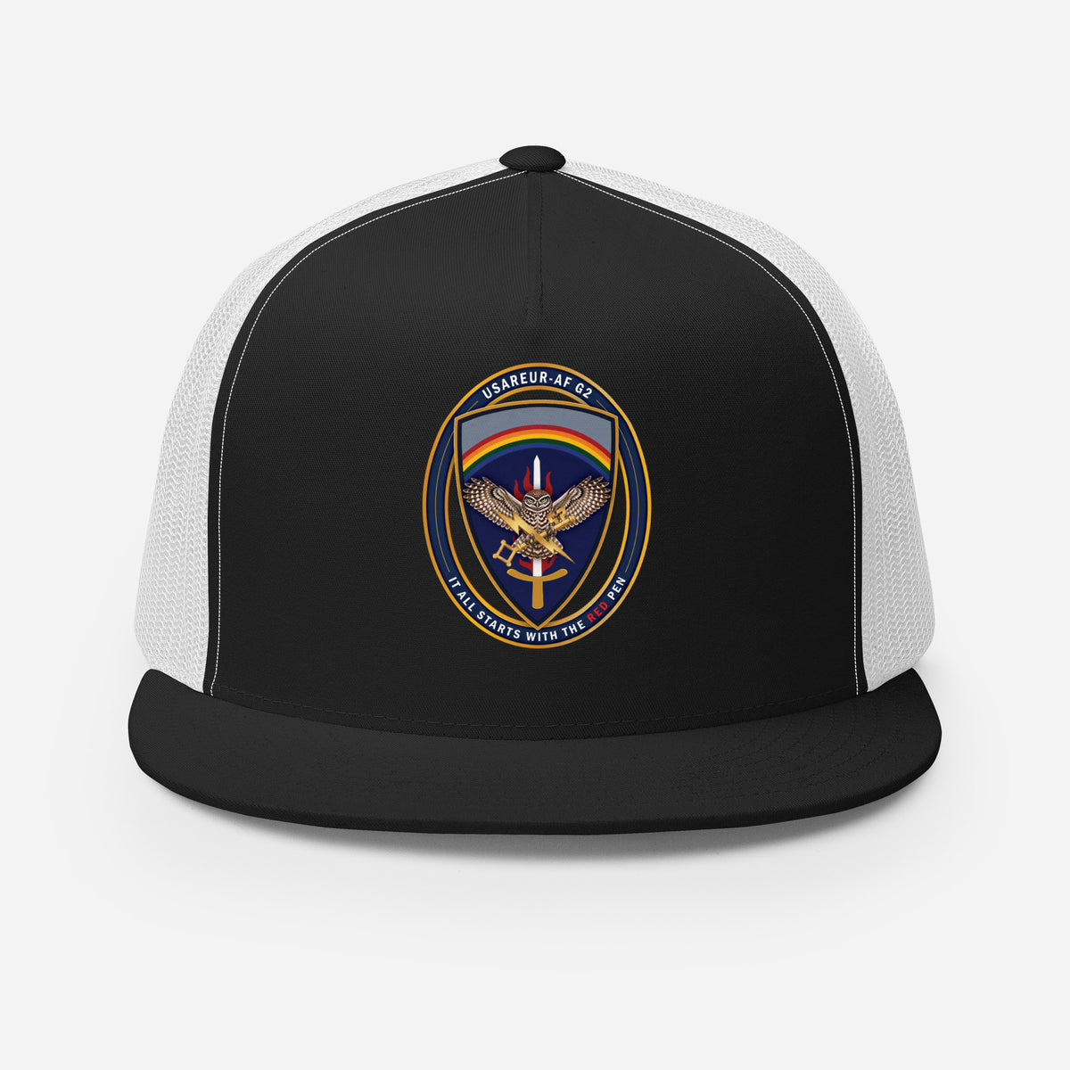 USAREUR-AF G2 Snap-back Trucker Cap in Black/White, front
