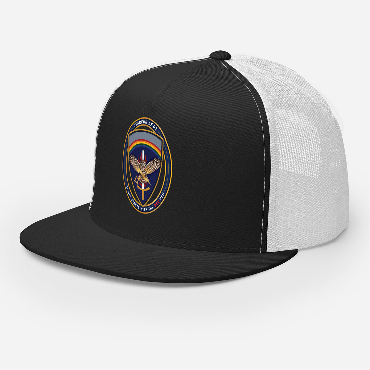 USAREUR-AF G2 Snap-back Trucker Cap in Black/White, left front