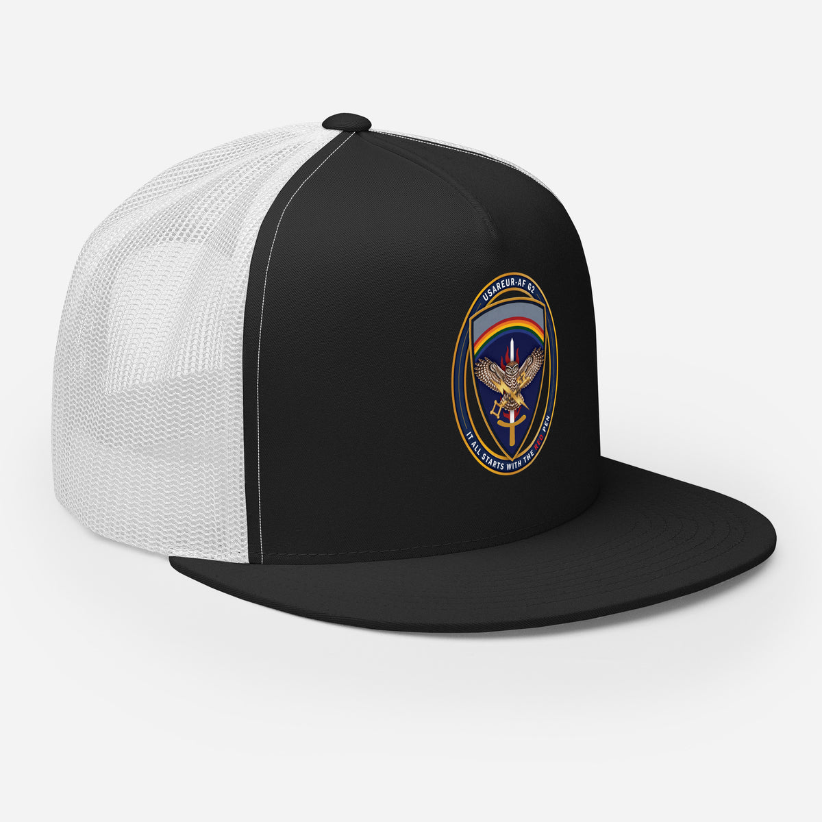 USAREUR-AF G2 Snap-back Trucker Cap in Black/White, right front