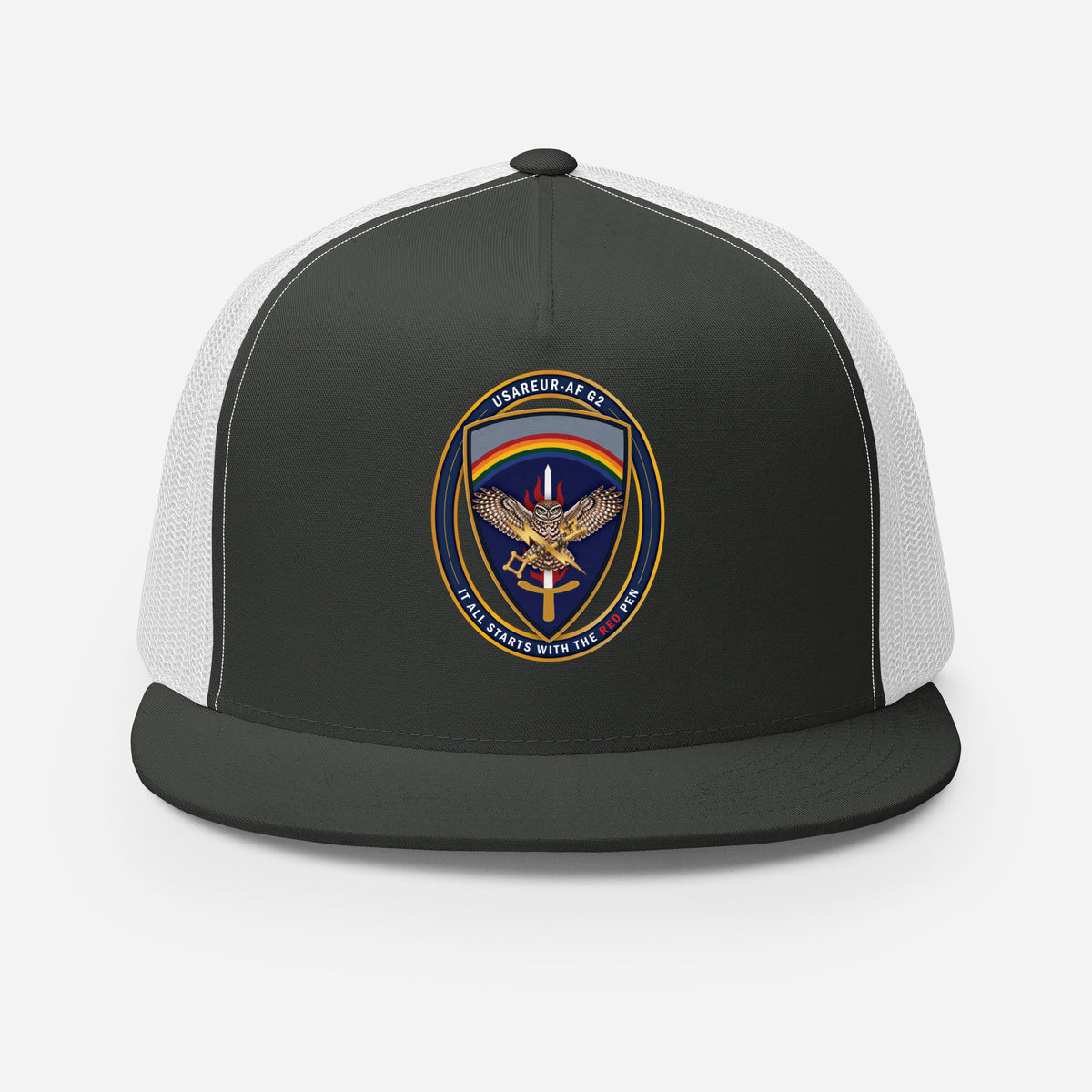 USAREUR-AF G2 Snap-back Trucker Cap in Charcoal/White, front