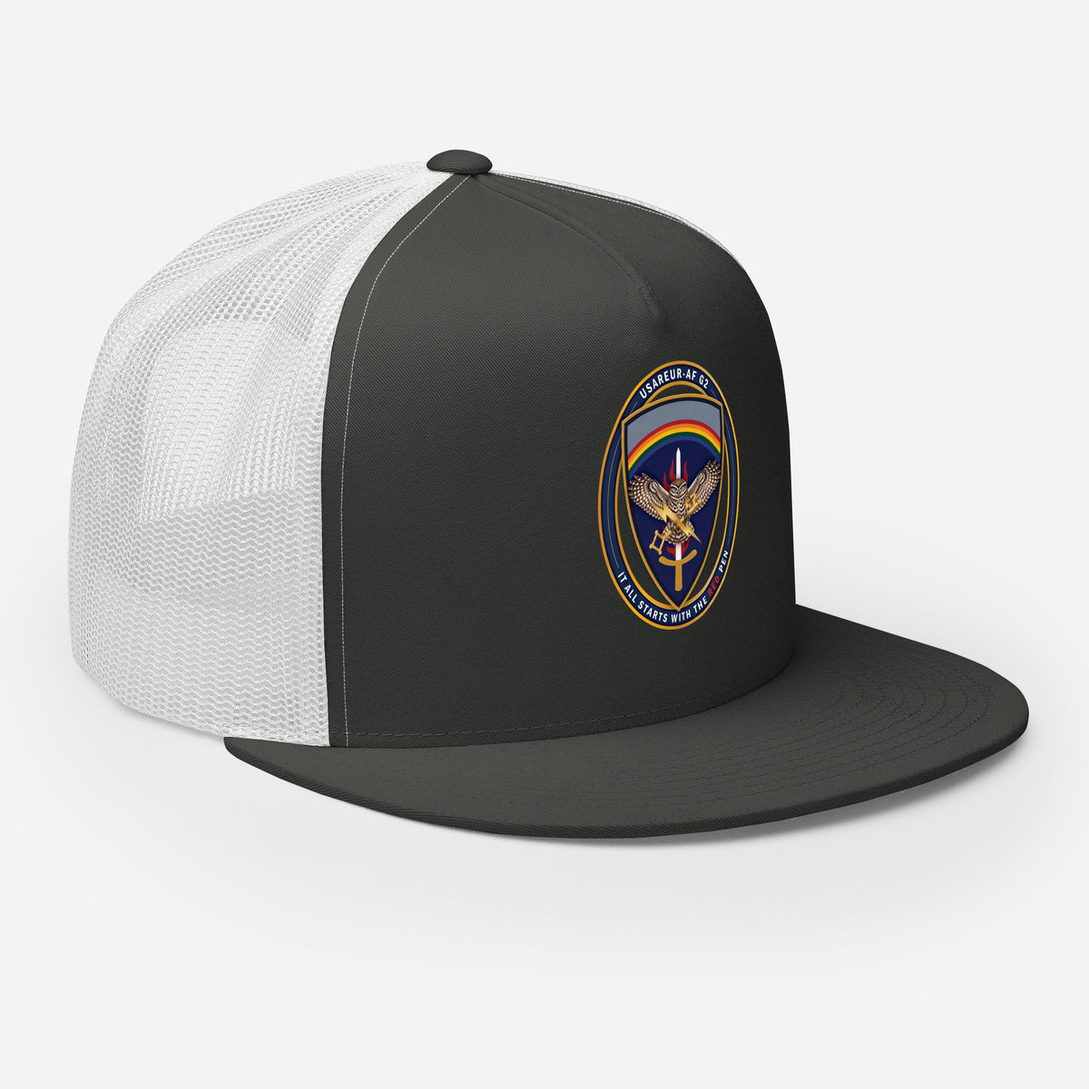 USAREUR-AF G2 Snap-back Trucker Cap in Charcoal/White, right front