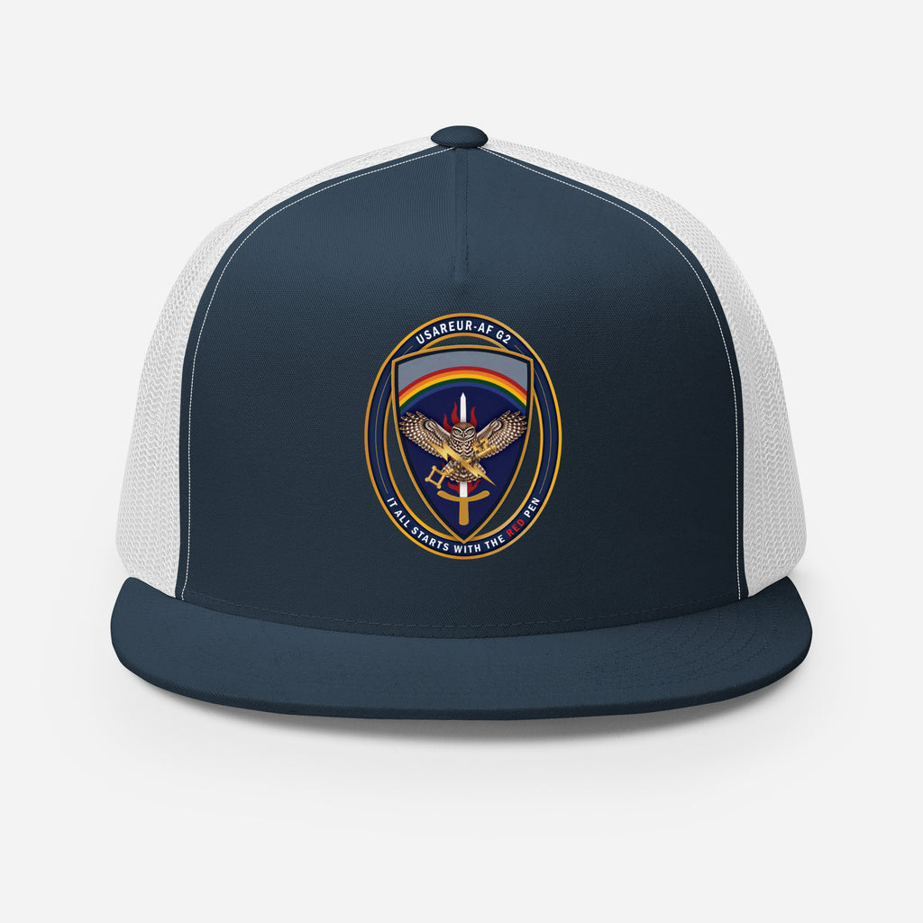 USAREUR-AF G2 Snap-back Trucker Cap in Navy/White, front