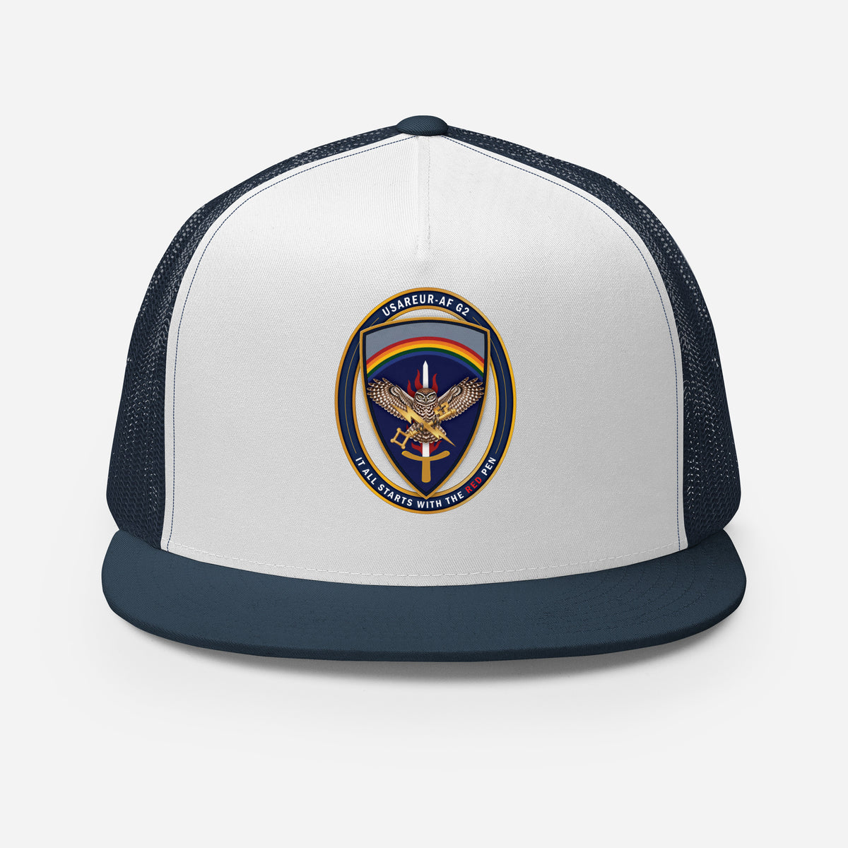 USAREUR-AF G2 Snap-back Trucker Cap in Navy/White/Navy, front