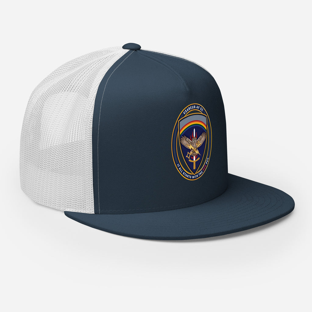 USAREUR-AF G2 Snap-back Trucker Cap in Navy/White, right front