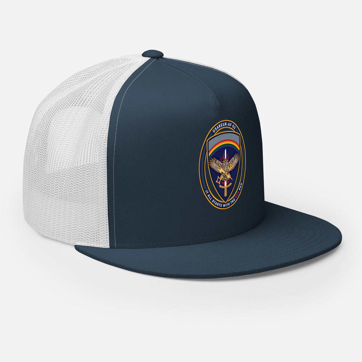 USAREUR-AF G2 Snap-back Trucker Cap in Navy/White, right front